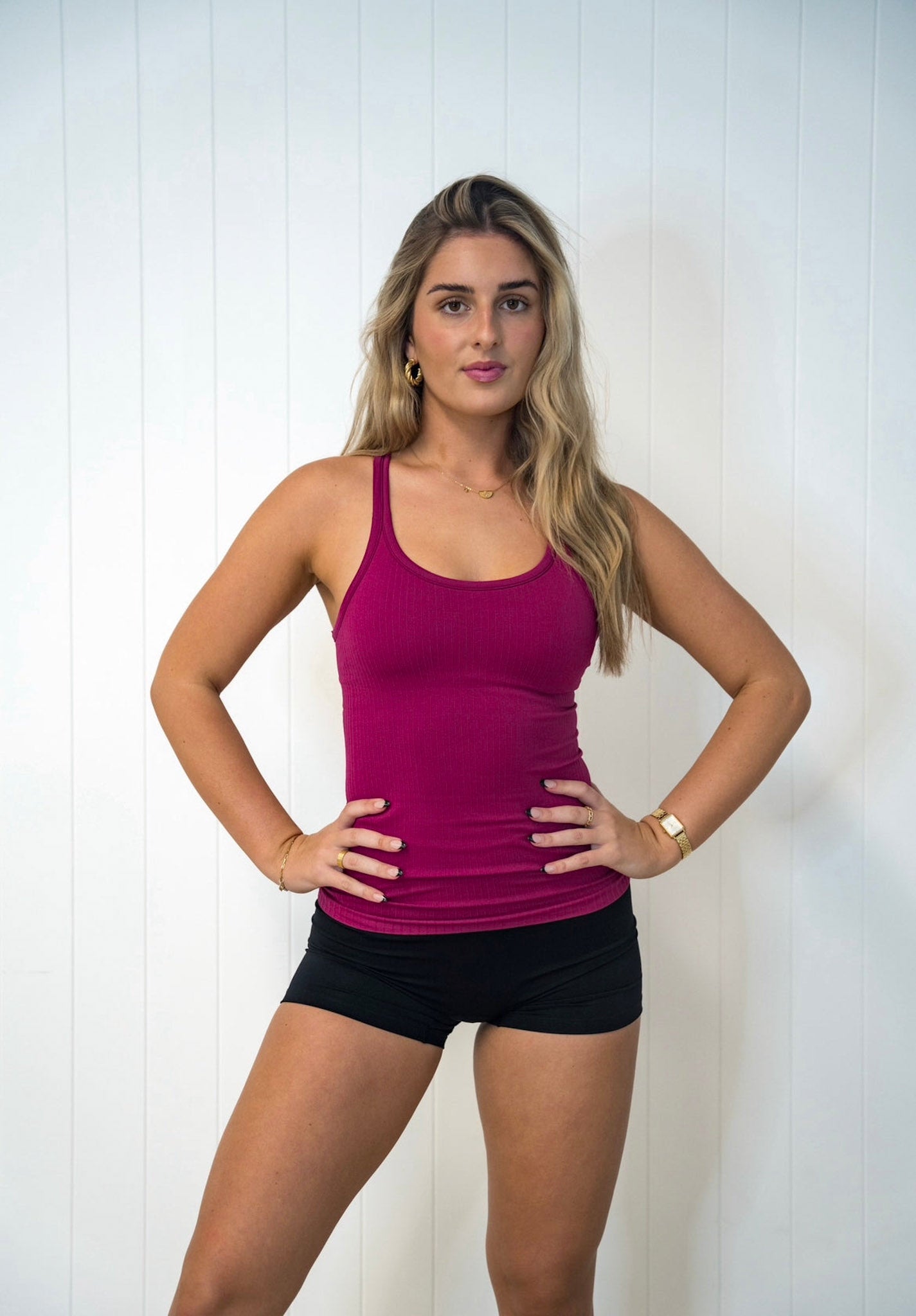 Rach Ribbed Mid Length Muscle Singlet - Oat, Majenta & Olive